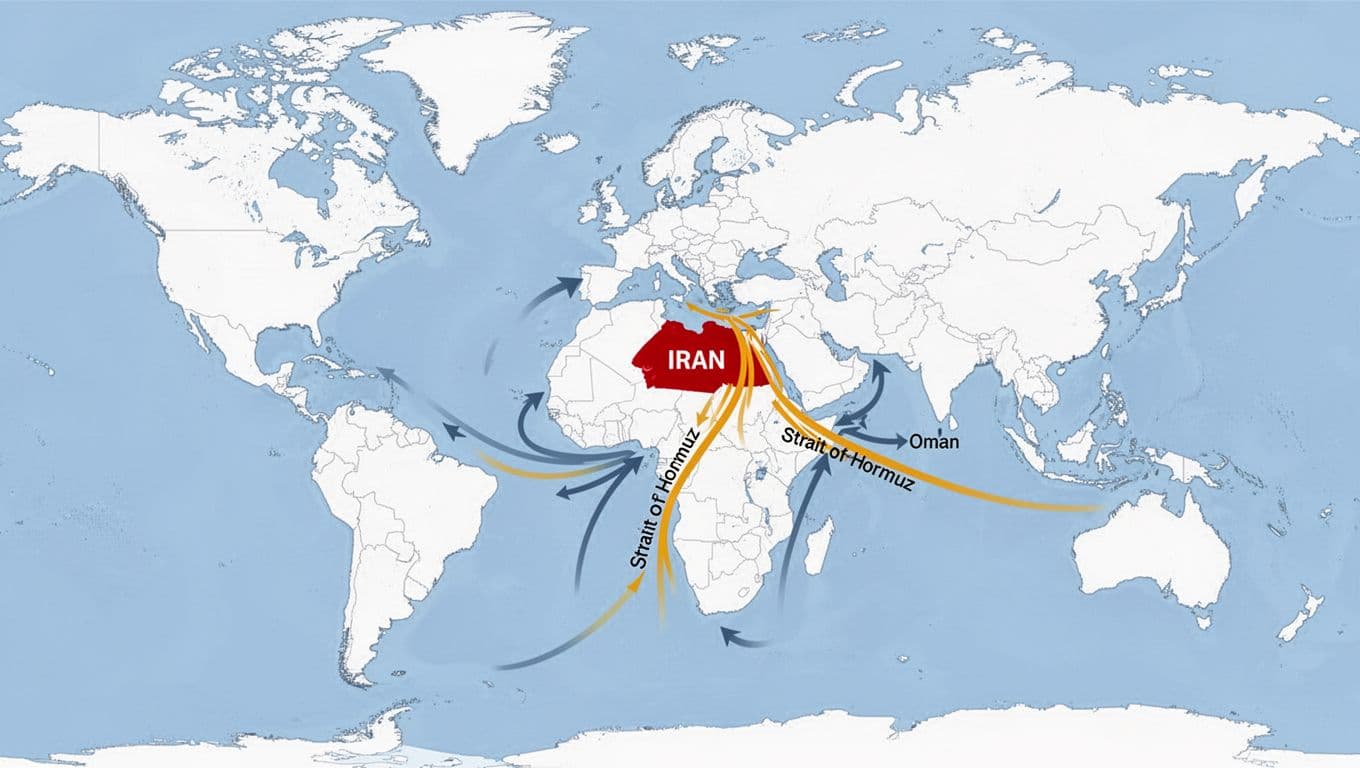 A minimalist infographic world map centered on the Middle East with Iran boldly highlighted in red and the Strait of Hormuz marked by a thick yellow line, featuring arrows for major oil shipping routes.