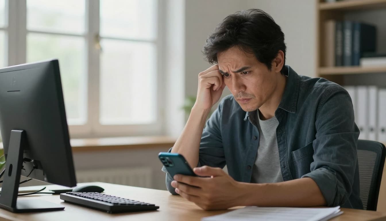 A worried middle-aged investor man sits at his desk in a home office, reading financial news on his smartphone screen displaying stock tickers, with a concerned expression. Realistic photography features natural window light, focus on the phone held loosely with two hands, no readable screen text or extra devices.
