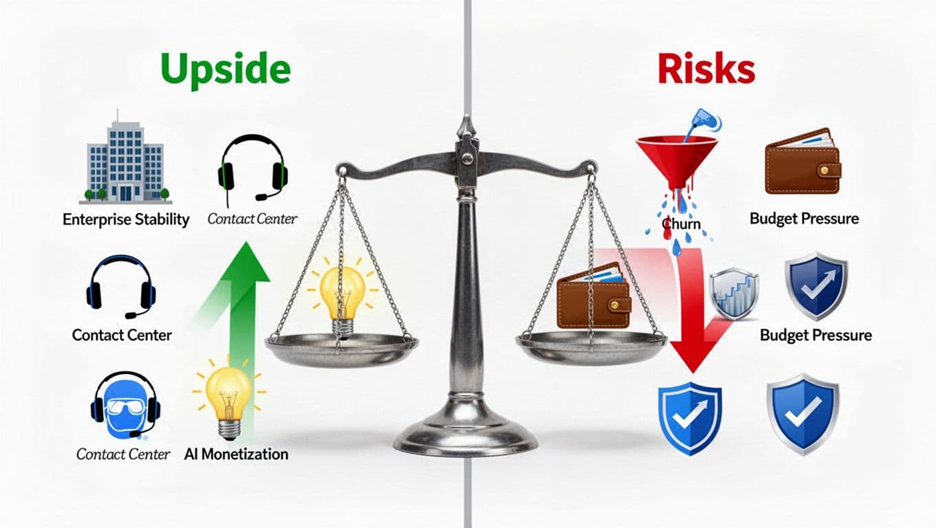Vertically split landscape image resembling a balanced scale for Zoom stock analysis. Left green 'Upside' half features enterprise building, headset, lightbulb, and upward arrow icons; right red 'Risks' half shows leaking funnel, wallet, competitor shields, and downward arrow; centered metallic scale.