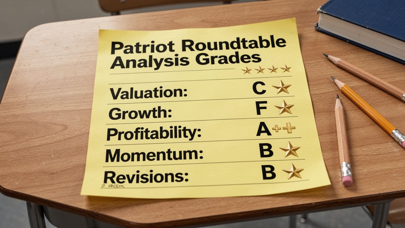 Photorealistic landscape image of a large yellow school report card centered on a wooden desk, assessing Zoom stock with grades: Valuation C, Growth F, Profitability A+, Momentum B, Revisions B+ under 'Patriot Roundtable Analysis Grades' header.