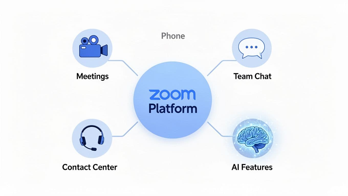 Clean minimalist landscape infographic diagram of Zoom's unified product platform, featuring a central 'Zoom Platform' circle connected by thin lines to five icons: video camera for Meetings, telephone handset for Phone, speech bubble for Team Chat, headset for Contact Center, and glowing brain for AI Features. Modern flat vector style on white background with subtle blue gradients.