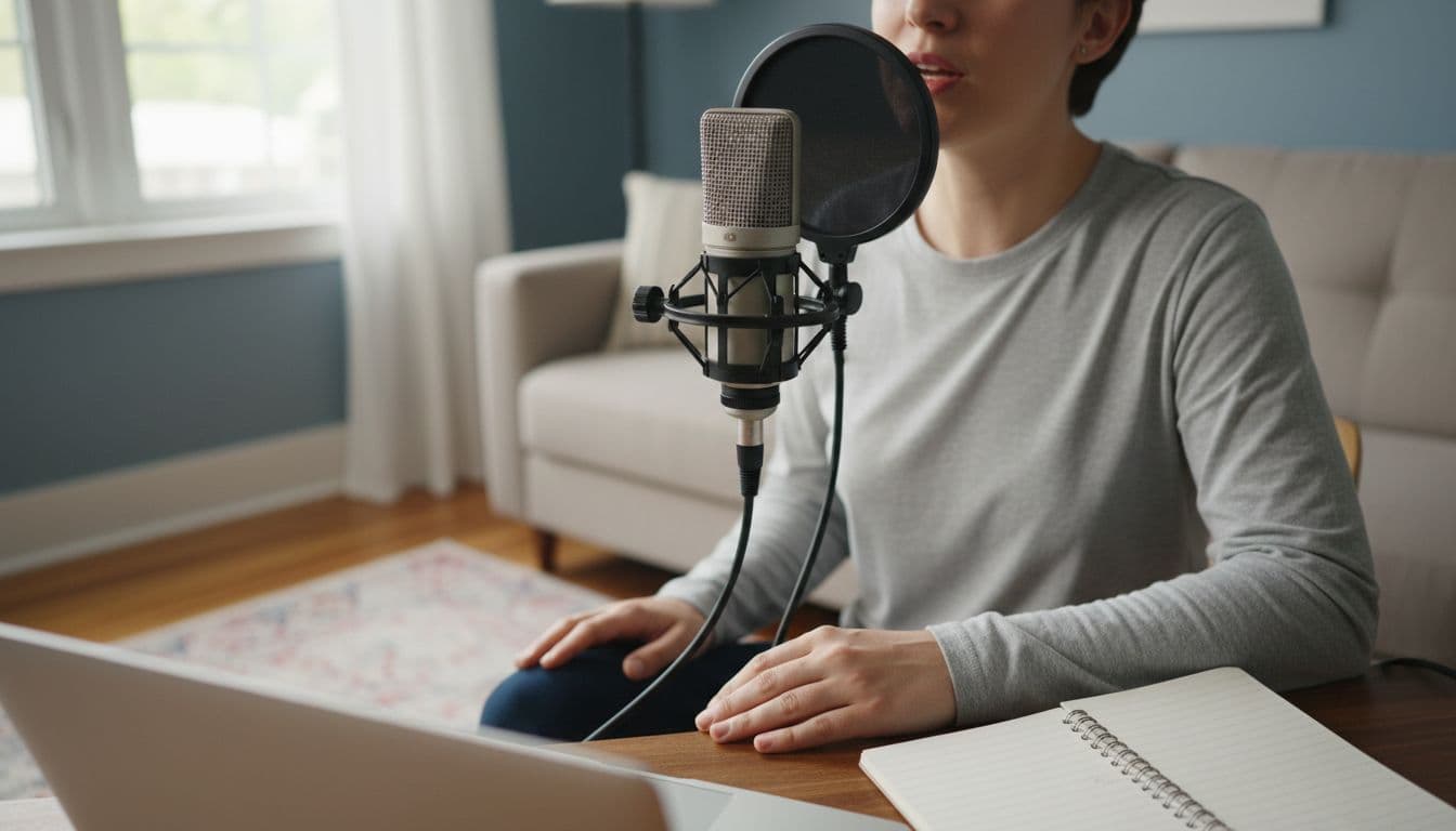 A relaxed person sings clearly into a simple microphone connected to a laptop in a quiet home room with soft furnishings and natural window light.