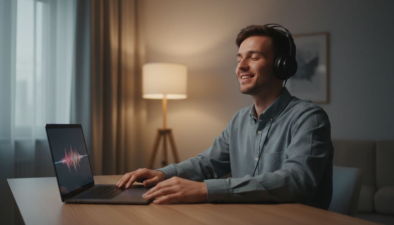 One person in a modern home office wearing over-ear headphones, eyes closed with a relaxed smiling expression, listening to music from a laptop on the desk showing a subtle colorful audio waveform.
