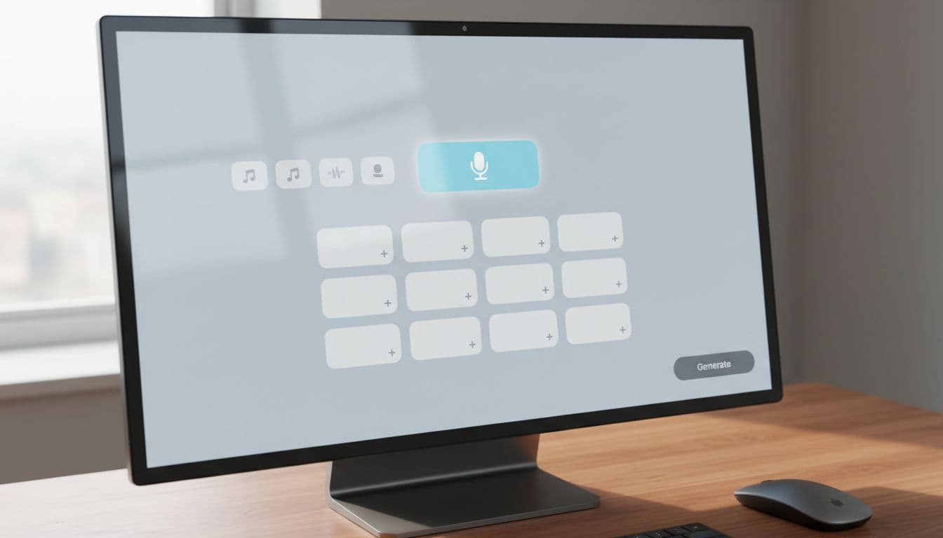 Close-up of a computer screen showing a simplified music creation app interface with a Voice button highlighted in a clean dashboard, modern flat design UI elements, on a wooden desk with a mouse nearby under soft office lighting.
