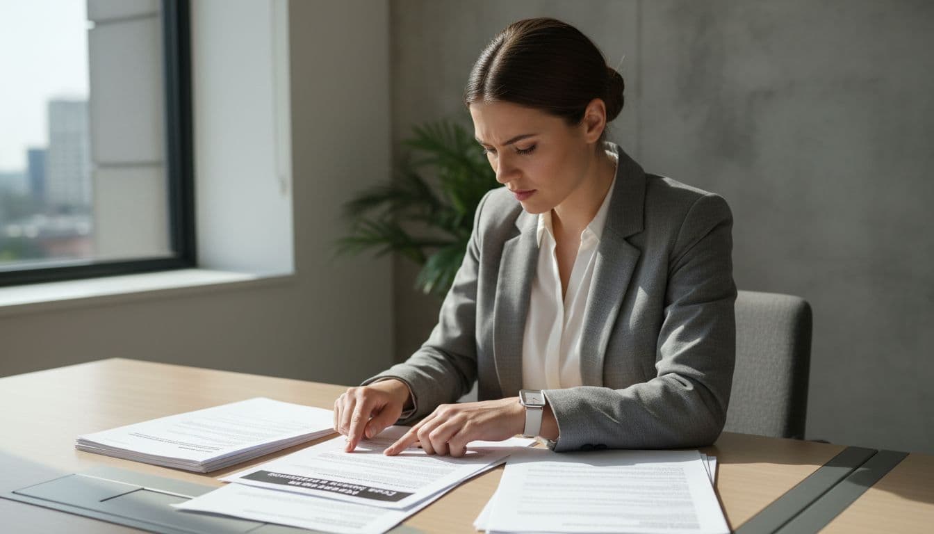 A professional business person in a modern office sits at a desk with tender documents spread out, one hand resting on a form highlighting the conflicts of interest section, showing a focused expression under natural daylight lighting in a clean realistic style.