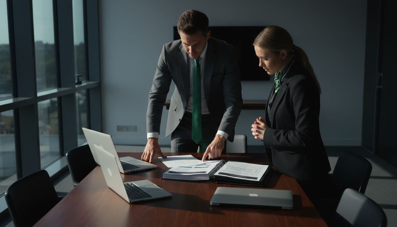 Three sharp-dressed professionals in a sleek modern conference room review thick bid tender documents spread on a table, one pointing to a highlighted section amid focused discussion with cinematic lighting and subtle green accents.