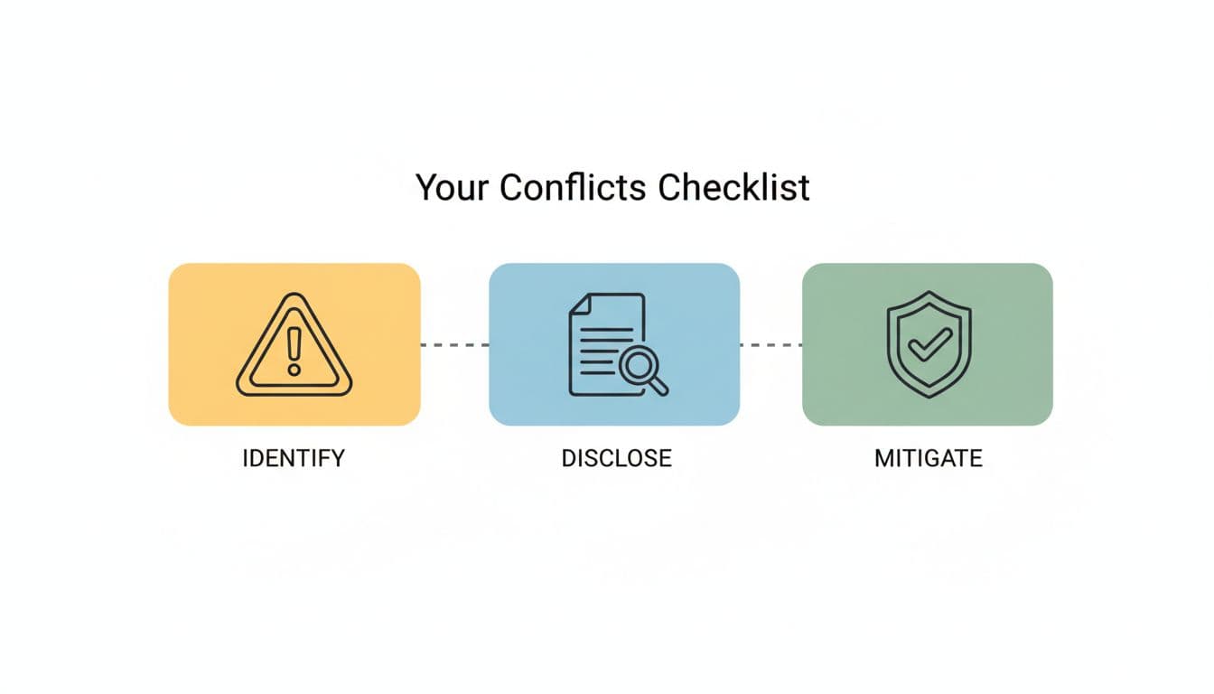 Infographic-style illustration of a checklist with icons for identifying, disclosing, and mitigating conflicts of interest in UK tenders, featuring simple icons like warning sign, document, and shield on a white background in professional flat design, no text, zero people, clean and minimal.