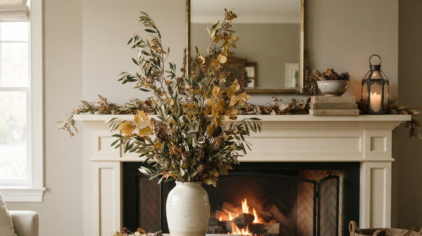 Tall autumn branches in a vase anchor a neutral mantel with books and a lantern.