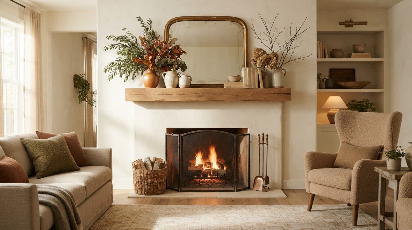 A cream mantel styled with olive branches, books, ceramics, and a rust-colored vessel.