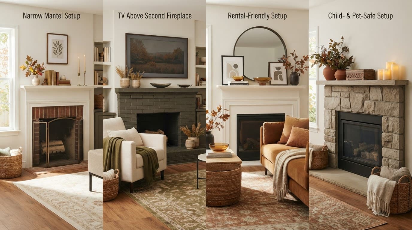 Autumn mantel arrangements with low decor, a television, mirror, frames, and a fireplace in a warm living room.