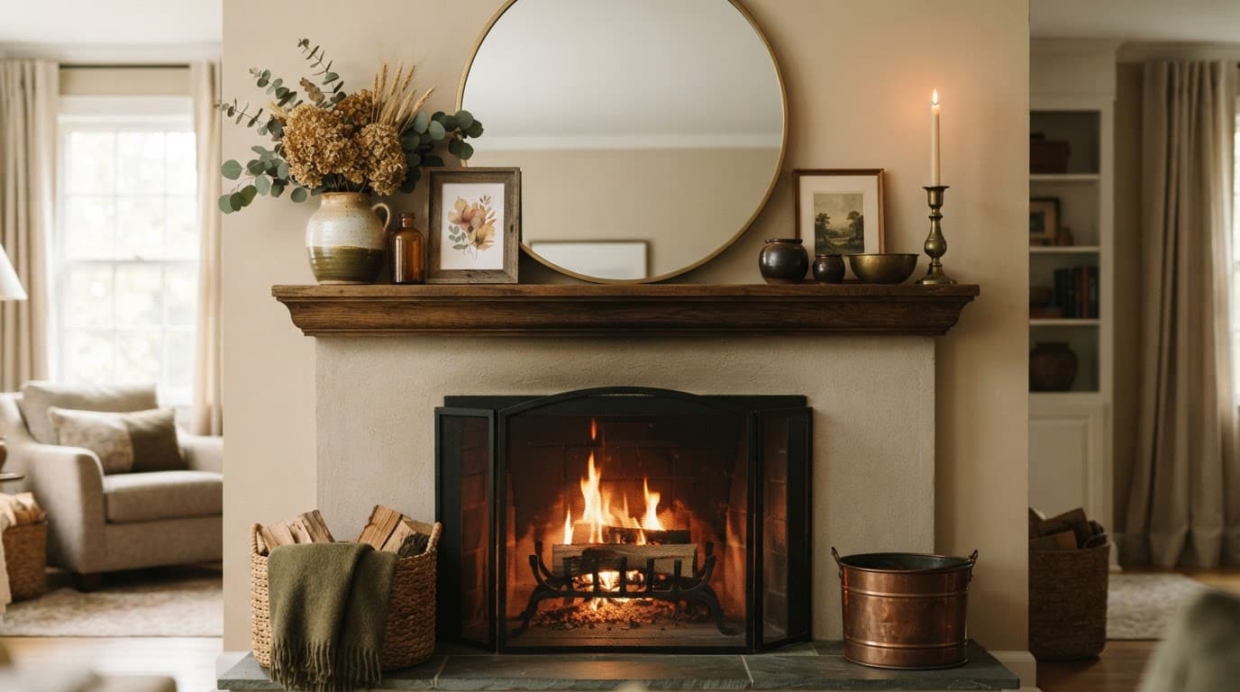 A pumpkin-free mantel with a large mirror, small decor, and dried foliage safely spaced from the firebox.