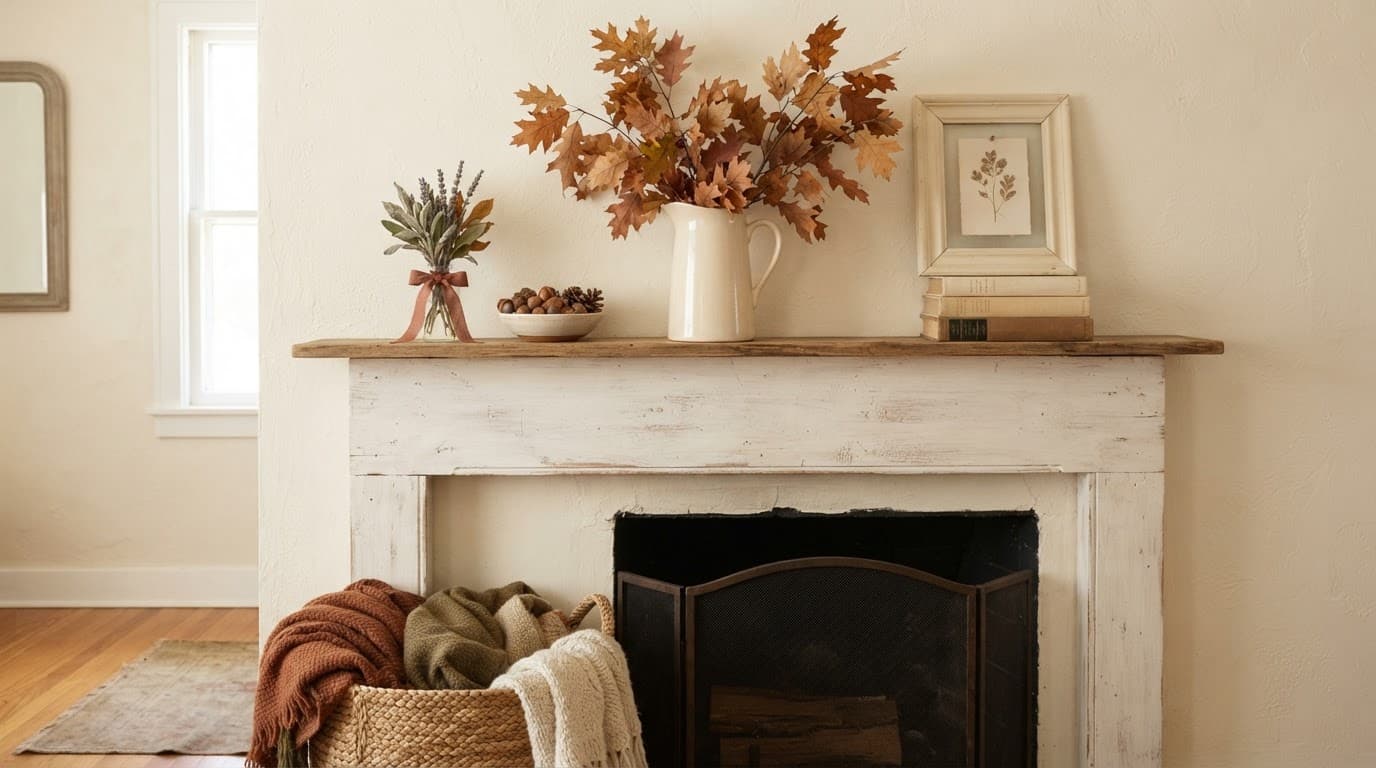 A cozy mantel with branches, pinecones, dried leaves, books, and a woven basket.