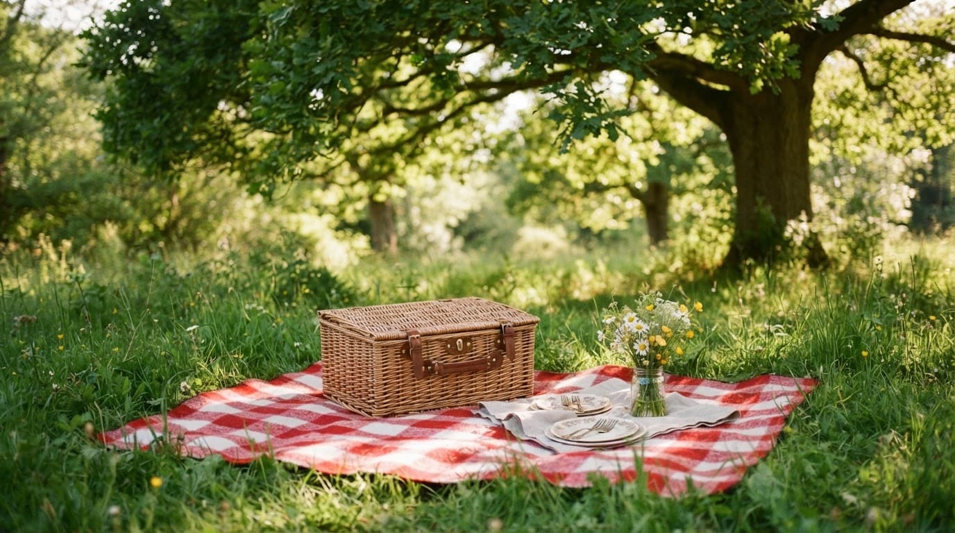 A picnic basket on a red checkered blanket beneath a leafy tree.