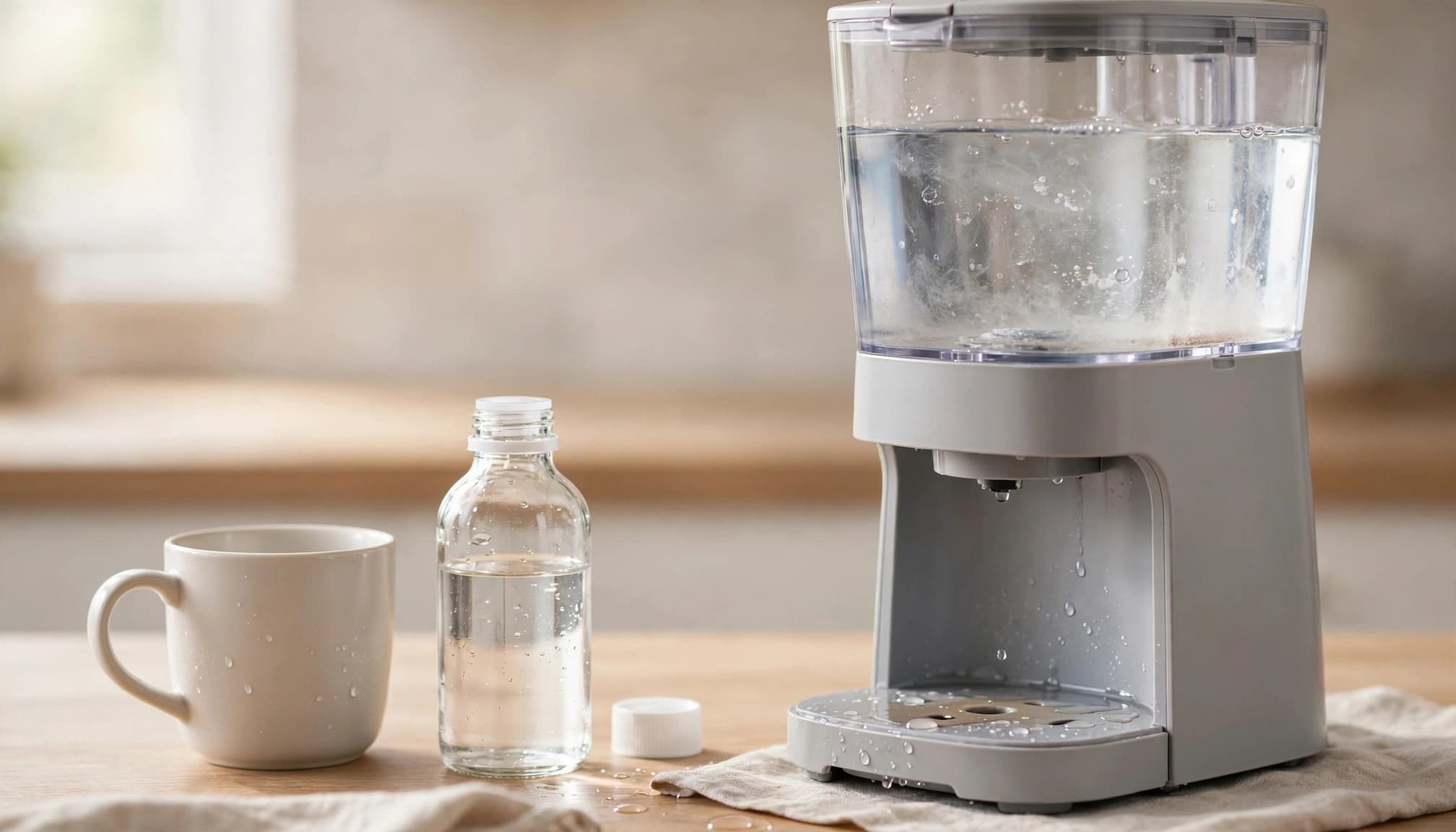 A coffee brewer, descaling bottle, and ceramic mug on a bright kitchen counter.