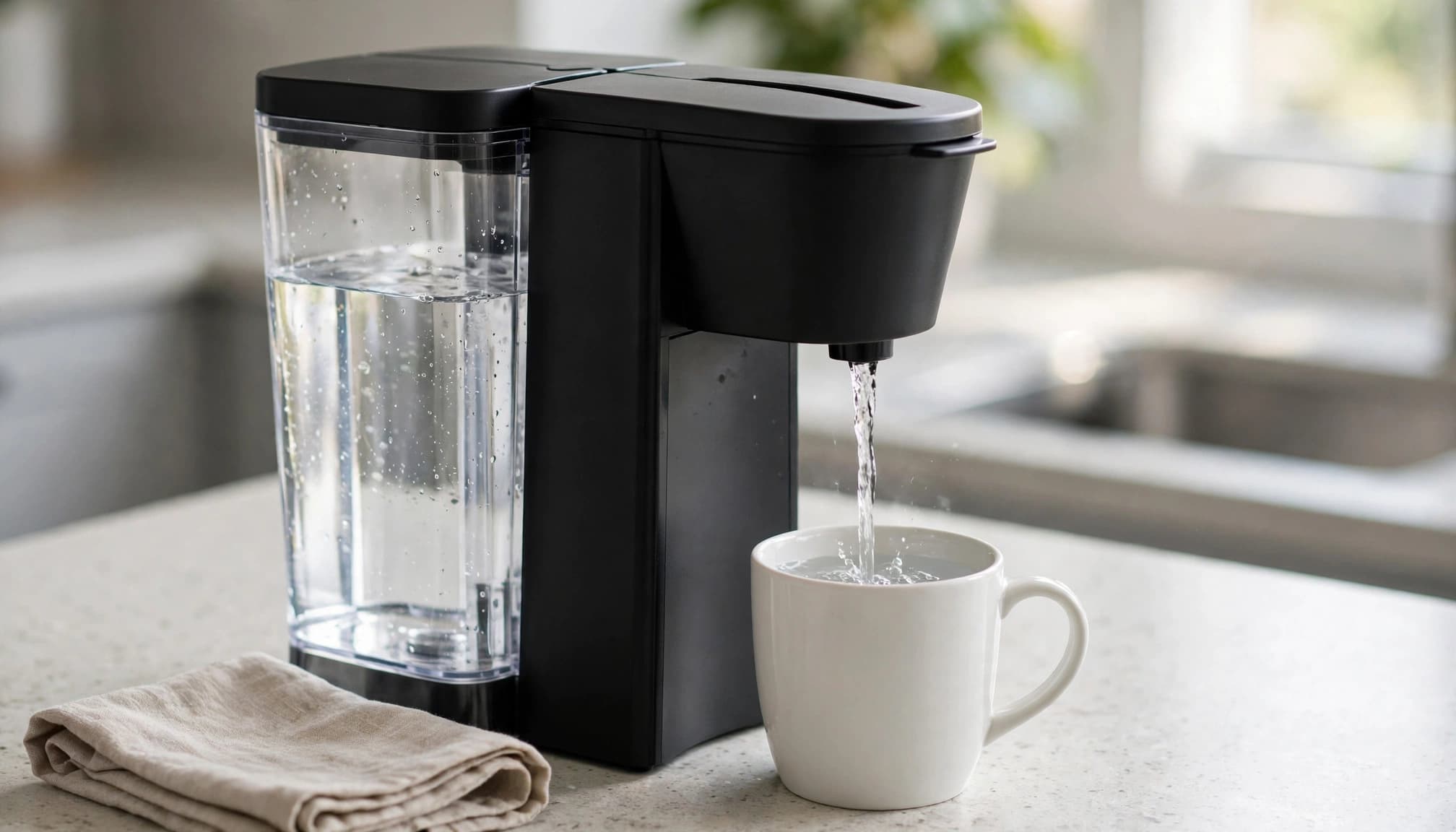 A coffee brewer rinses with fresh water into a mug beside the sink.