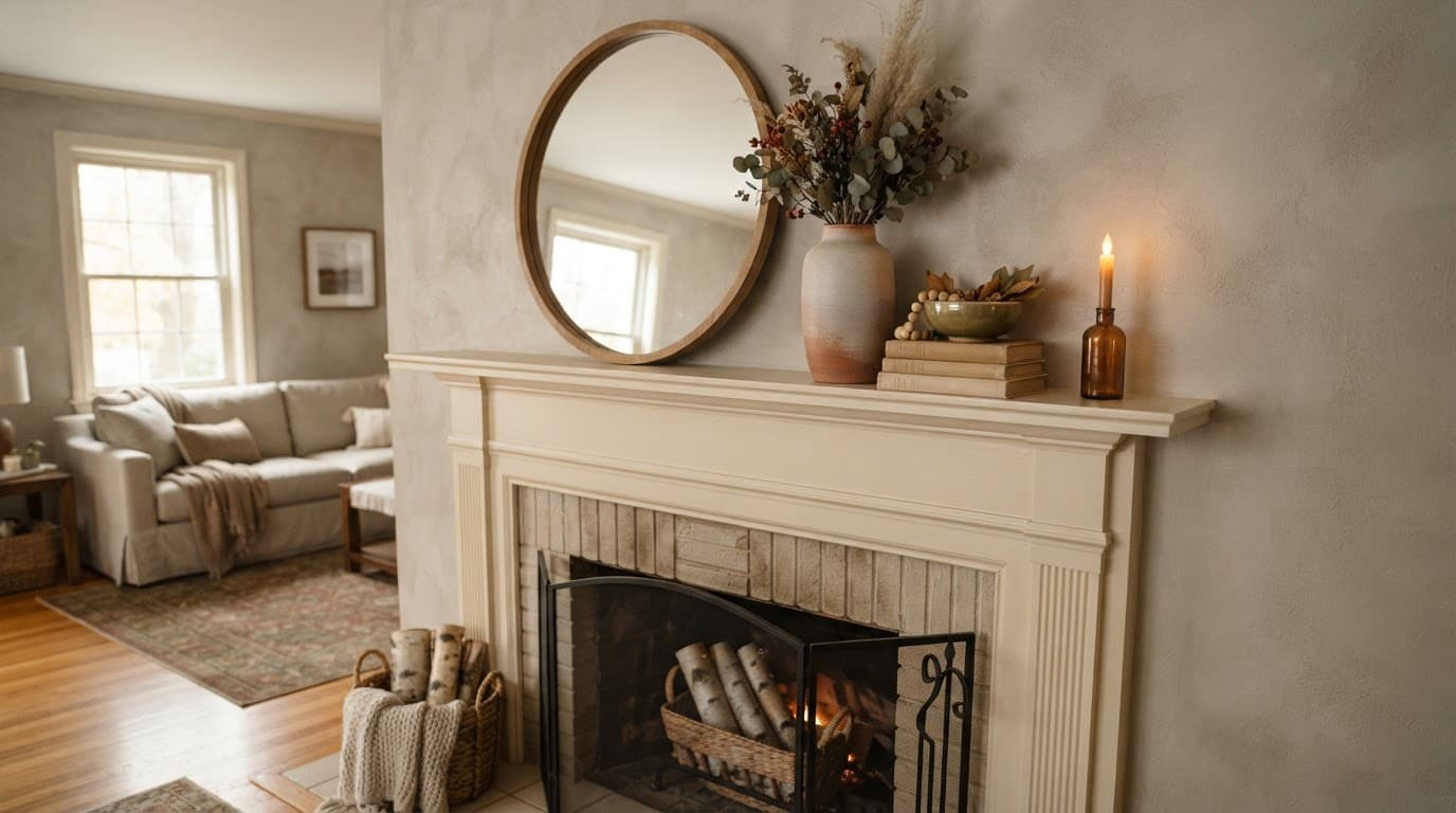 Autumn mantel with a mirror, vase, books, bowl, and warm candle glow.