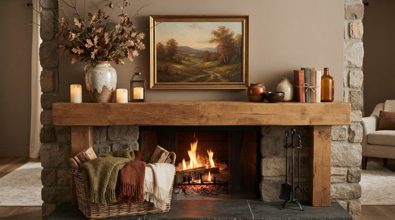 Cozy mantel with dried branches, candles, artwork, books, and warm neutral decor.