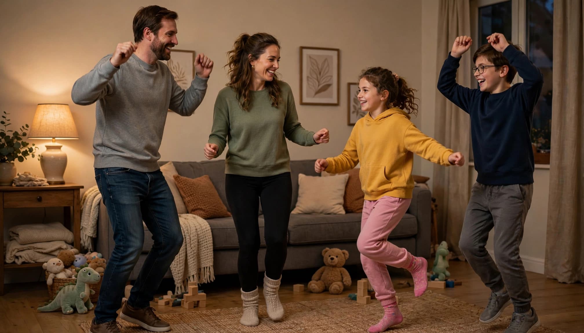 Two parents and two children dance on a rug beside the sofa.