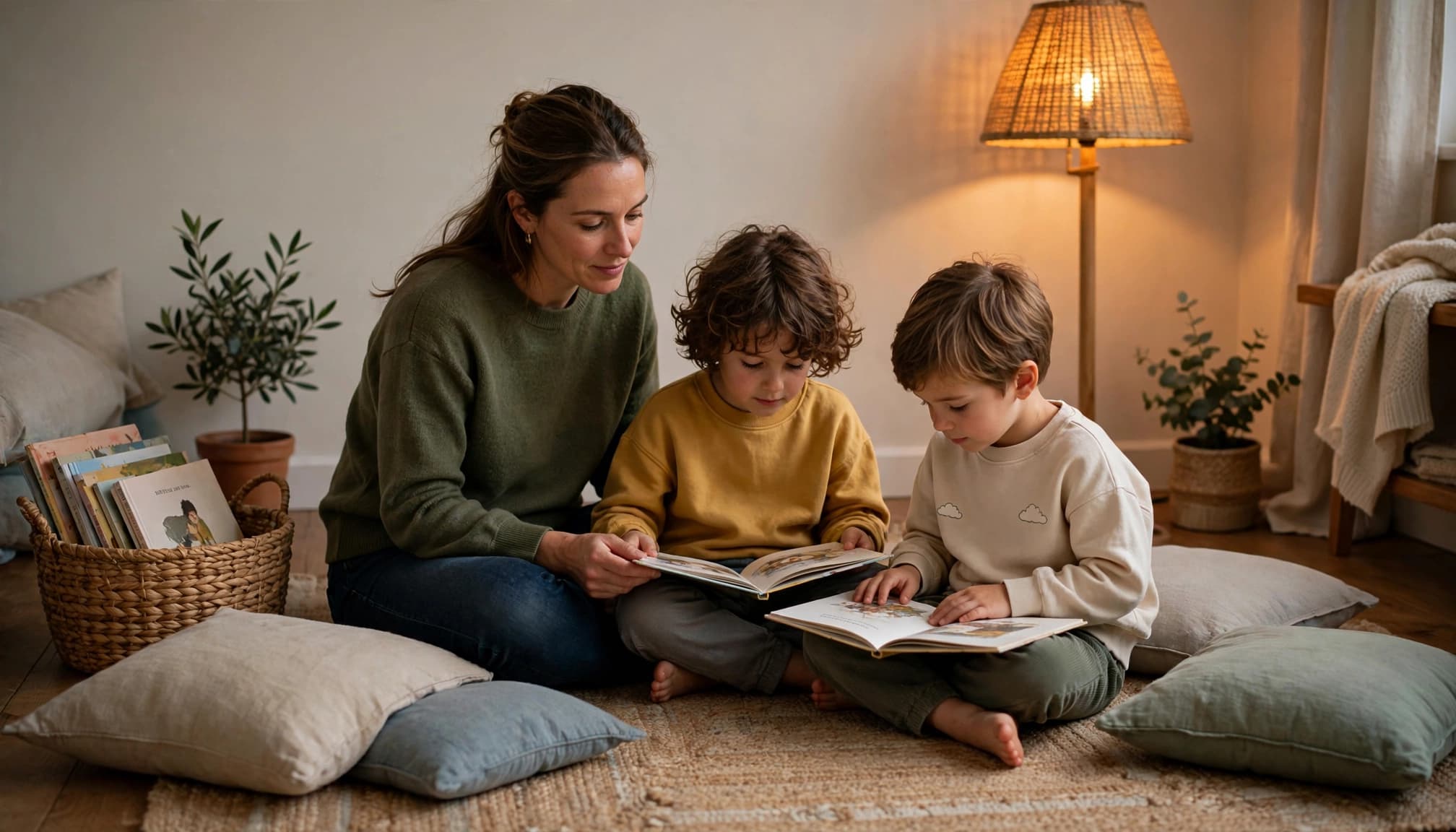 A parent and two children read picture books together on a rug.