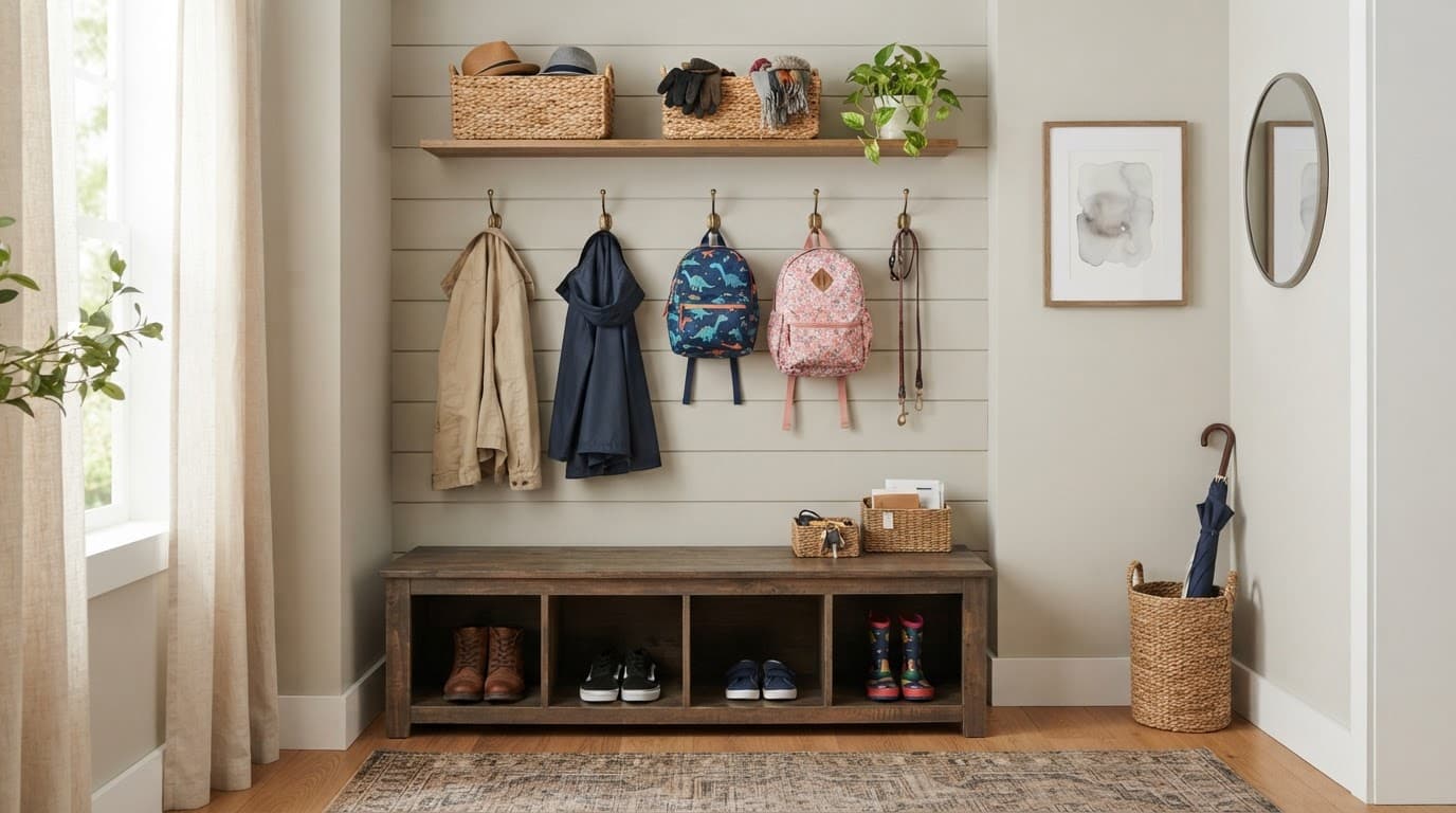 Tidy family entryway with coats, backpacks, shoes, and baskets.
