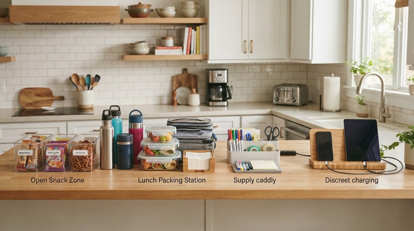 Organized kitchen counter with snack bins, bottles, lunch containers, and a charging area.