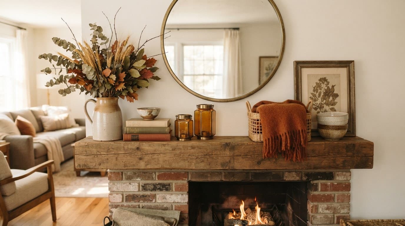 Cozy mantel with dried foliage, amber lanterns, books, and a wool throw in a nearby basket.