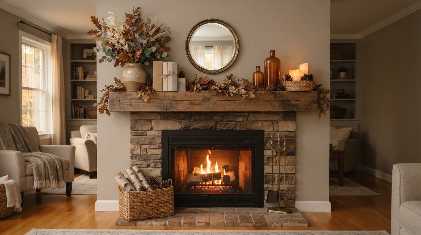 A pumpkin-free mantel with a mirror, dried branches, books, amber glass, and warm candlelight.