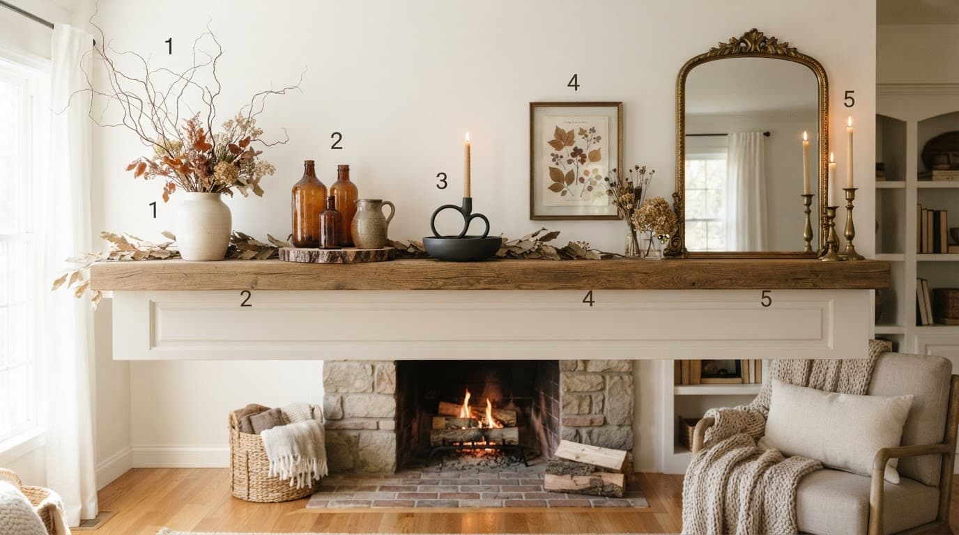 Five pumpkin-free fall mantel arrangements span a cozy living room fireplace.
