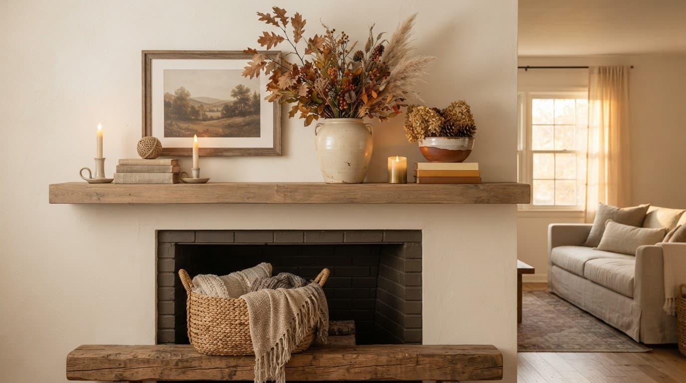 A cozy fall mantel with dried branches, books, candles, and neutral decor.