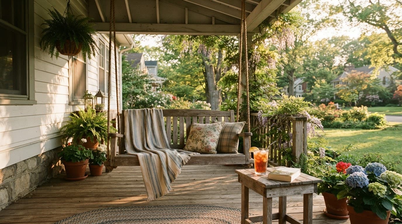 A porch swing and iced tea sit in warm afternoon sunlight.