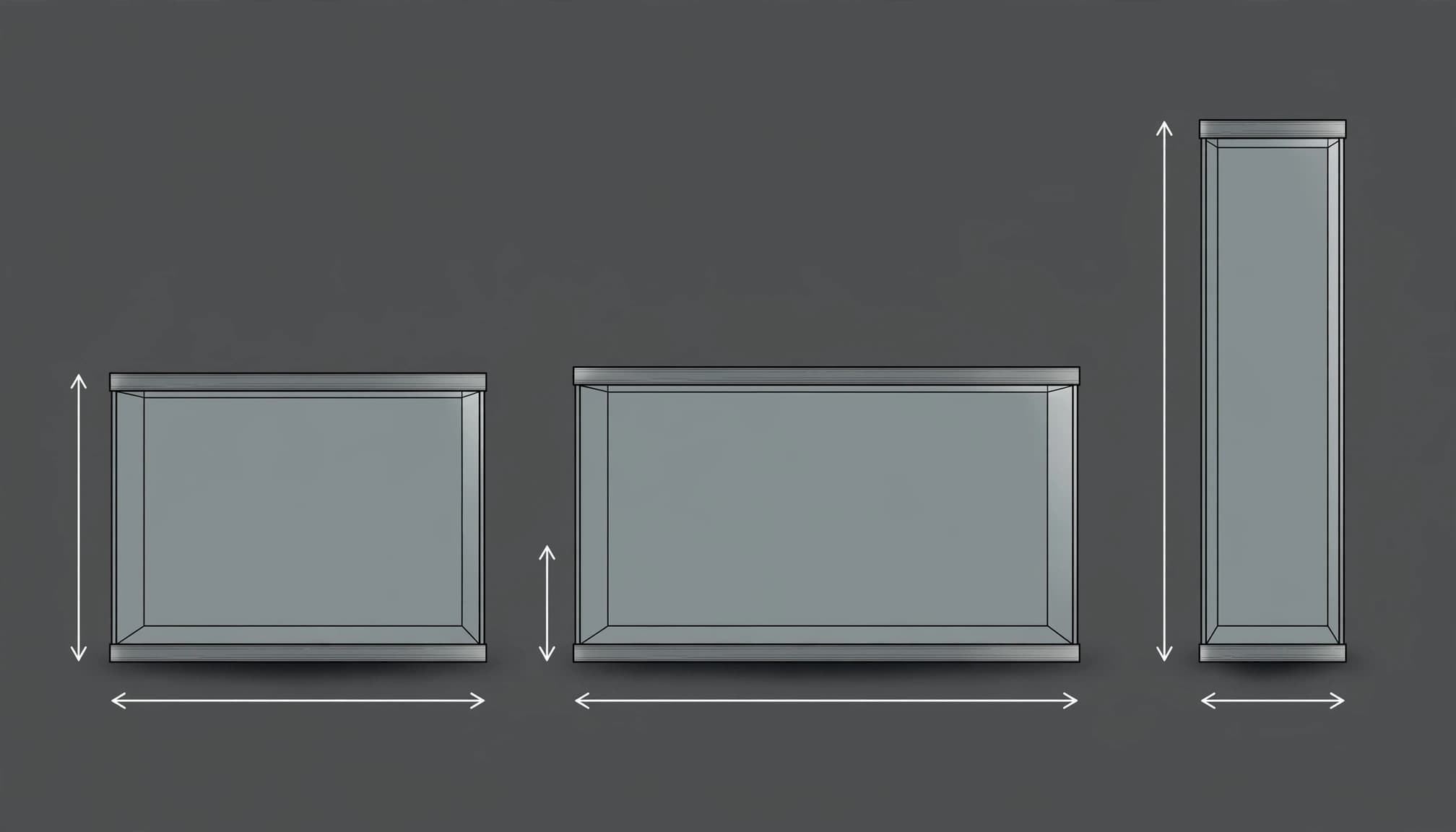 Three empty aquariums show standard, breeder, and tall shapes side by side.