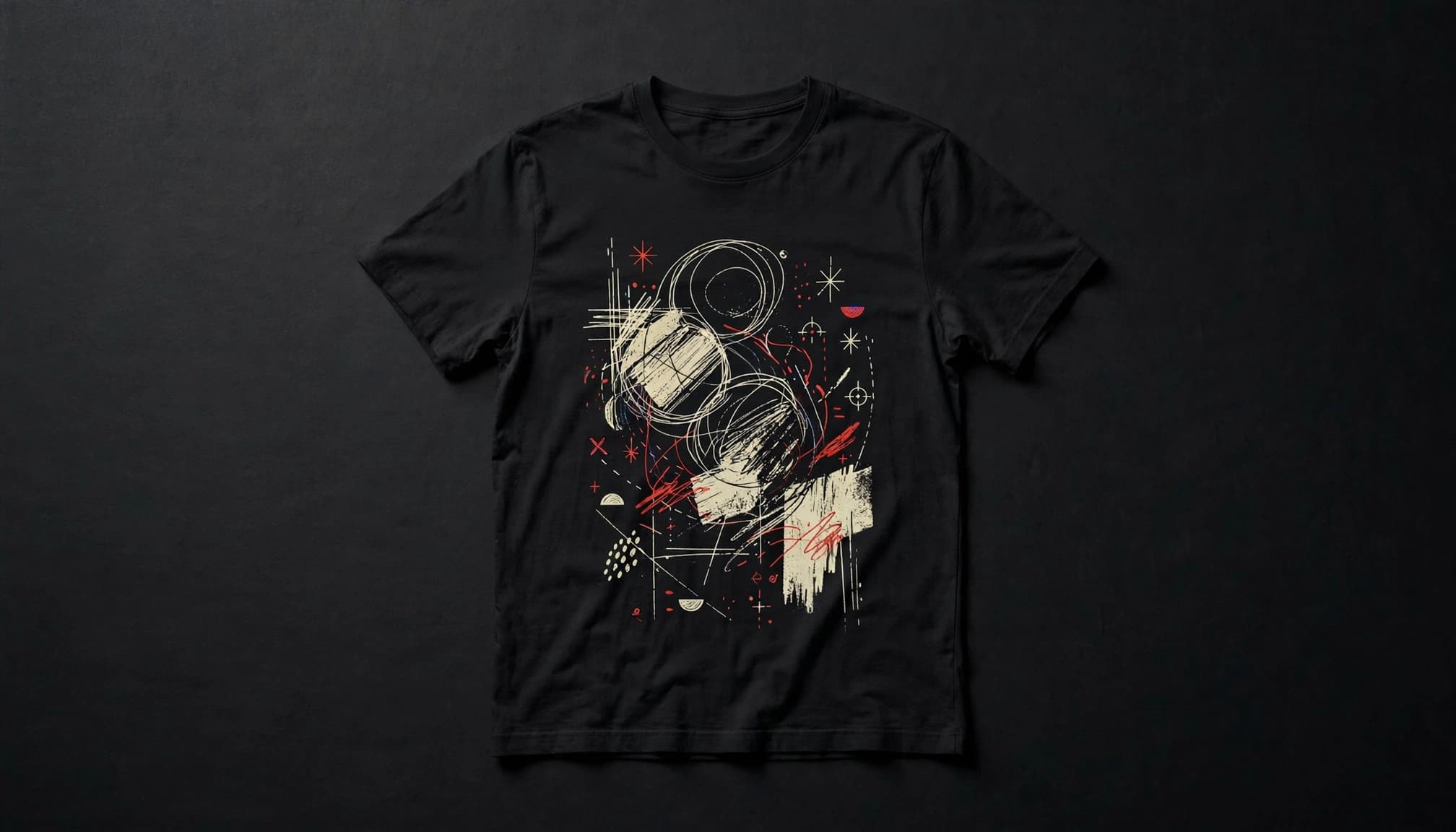 An artistic graphic T-shirt with abstract lines, symbols, and cream and red accents.