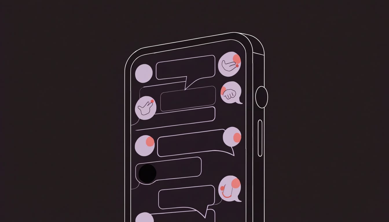 An illustrated phone displays abstract chat bubbles on a simple graphic background.