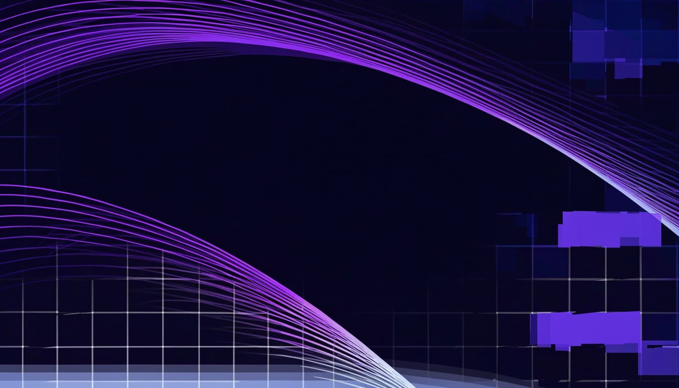 Violet arcs, translucent grids, and glitch-like blocks on a dark background.