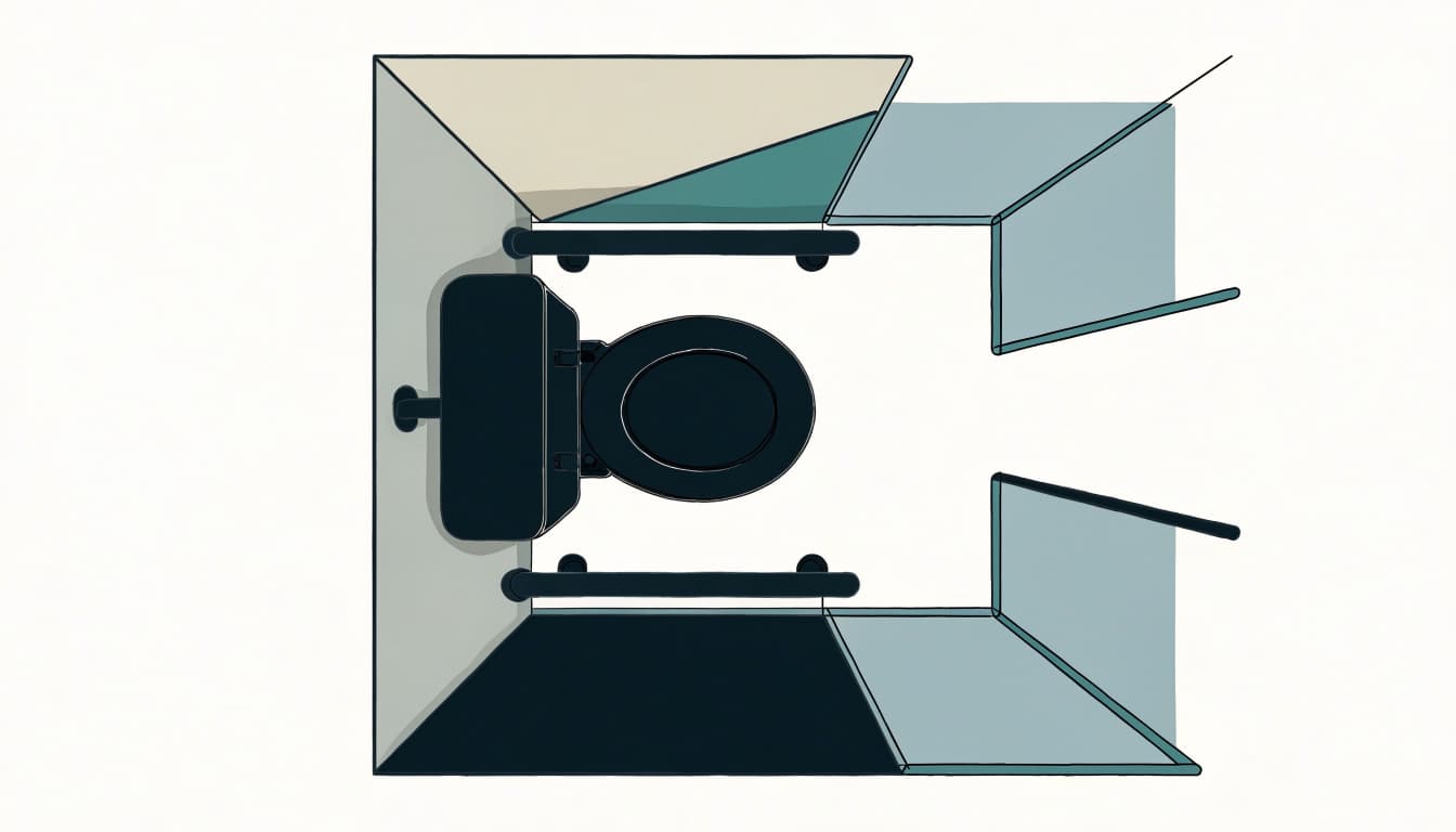 Overhead restroom plan with a toilet, grab bars, and open floor space.