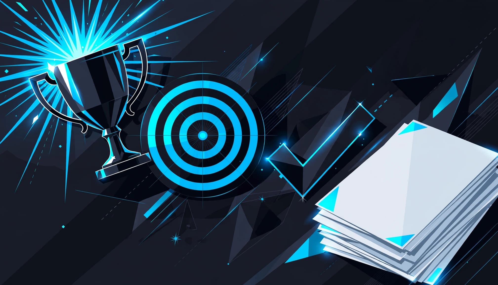 Stylized trophy, target, check mark, and papers arranged diagonally on an abstract background.