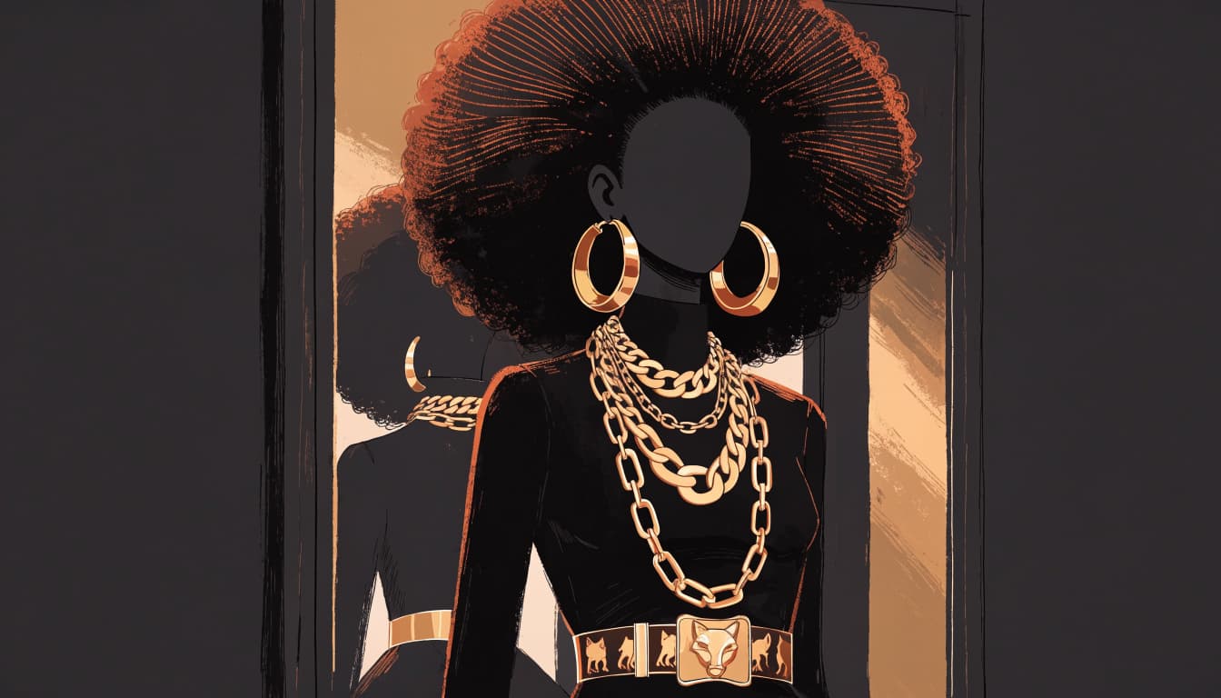 A dress form wears an afro hairstyle, gold jewelry, and a fox-detail belt.