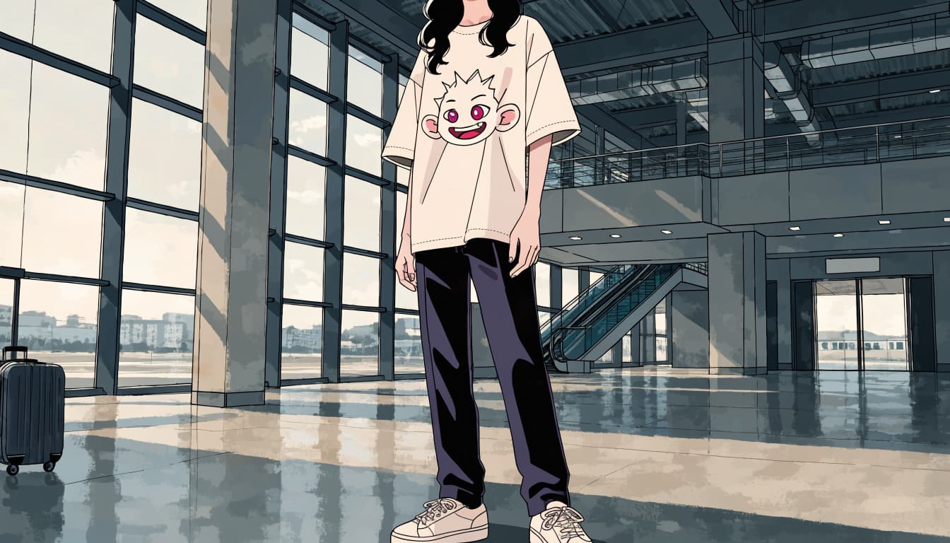 A traveler in a cream graphic tee waits beside a carry-on at an airport window.