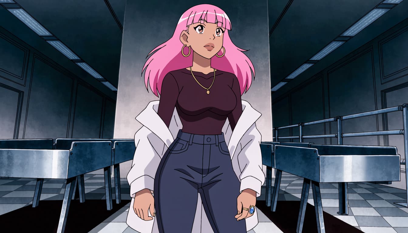 A pink-haired woman in layered travel clothes stands beside airport security trays.