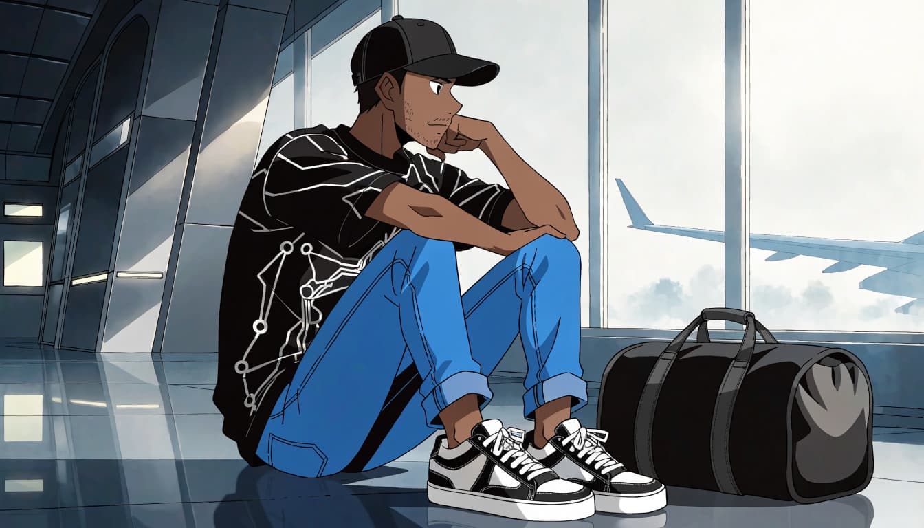 A man in jeans and skate sneakers sits beside a carry-on at an airport window.