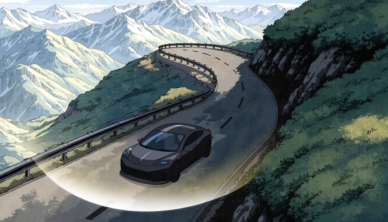 A glowing electric car descends a winding road through the mountains.