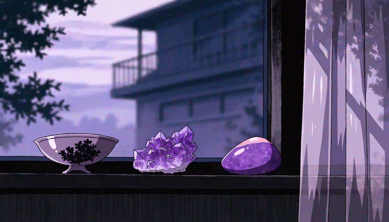 An amethyst cluster and lilac lepidolite stone rest beside a ceramic dish at dusk.