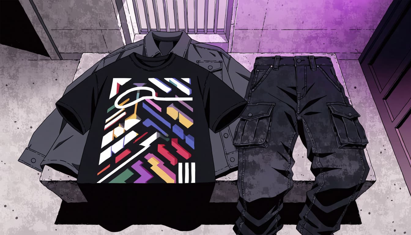 An angular graphic tee leads a flat-lay with dark cargos, folded denim, and an open overshirt.