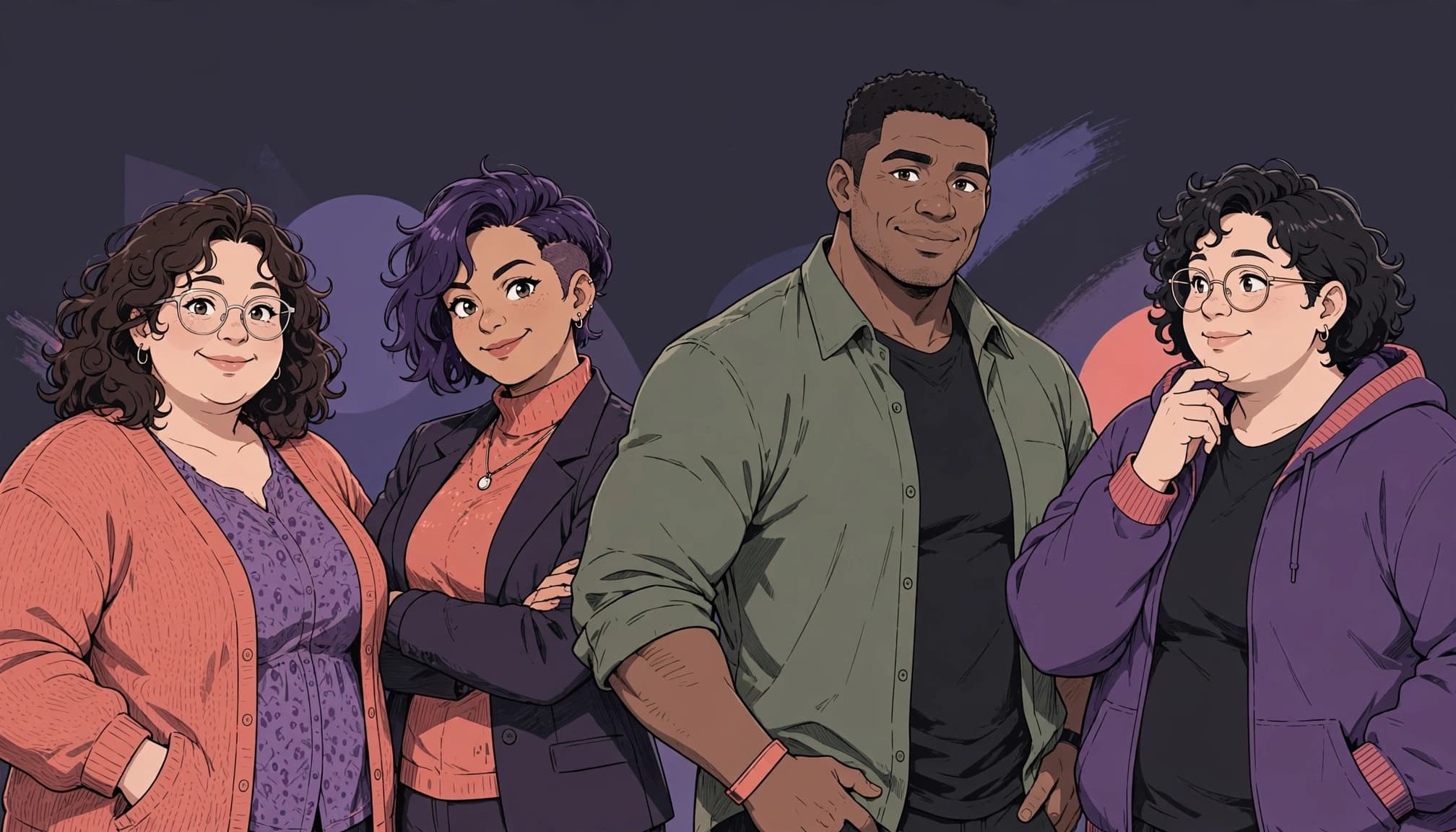 Four anime-inspired adults with varied builds pose side by side against a dark background.