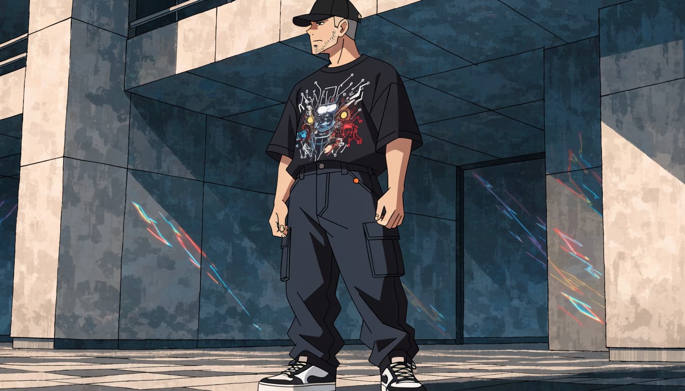 A man in a black cap and graphic tee poses on an airport walkway.