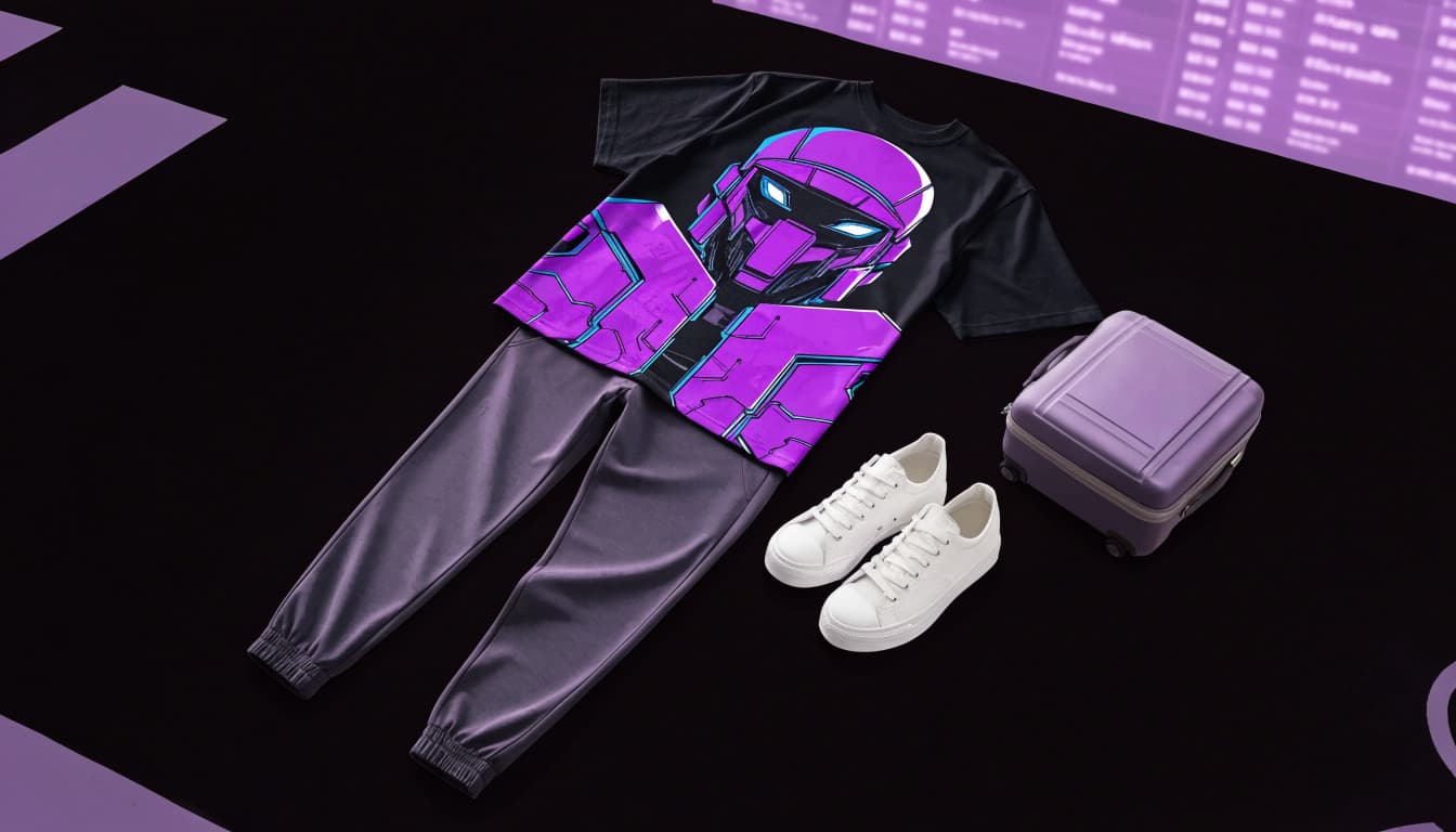 A black anime graphic tee, joggers, sneakers, and carry-on arranged as an airport outfit.