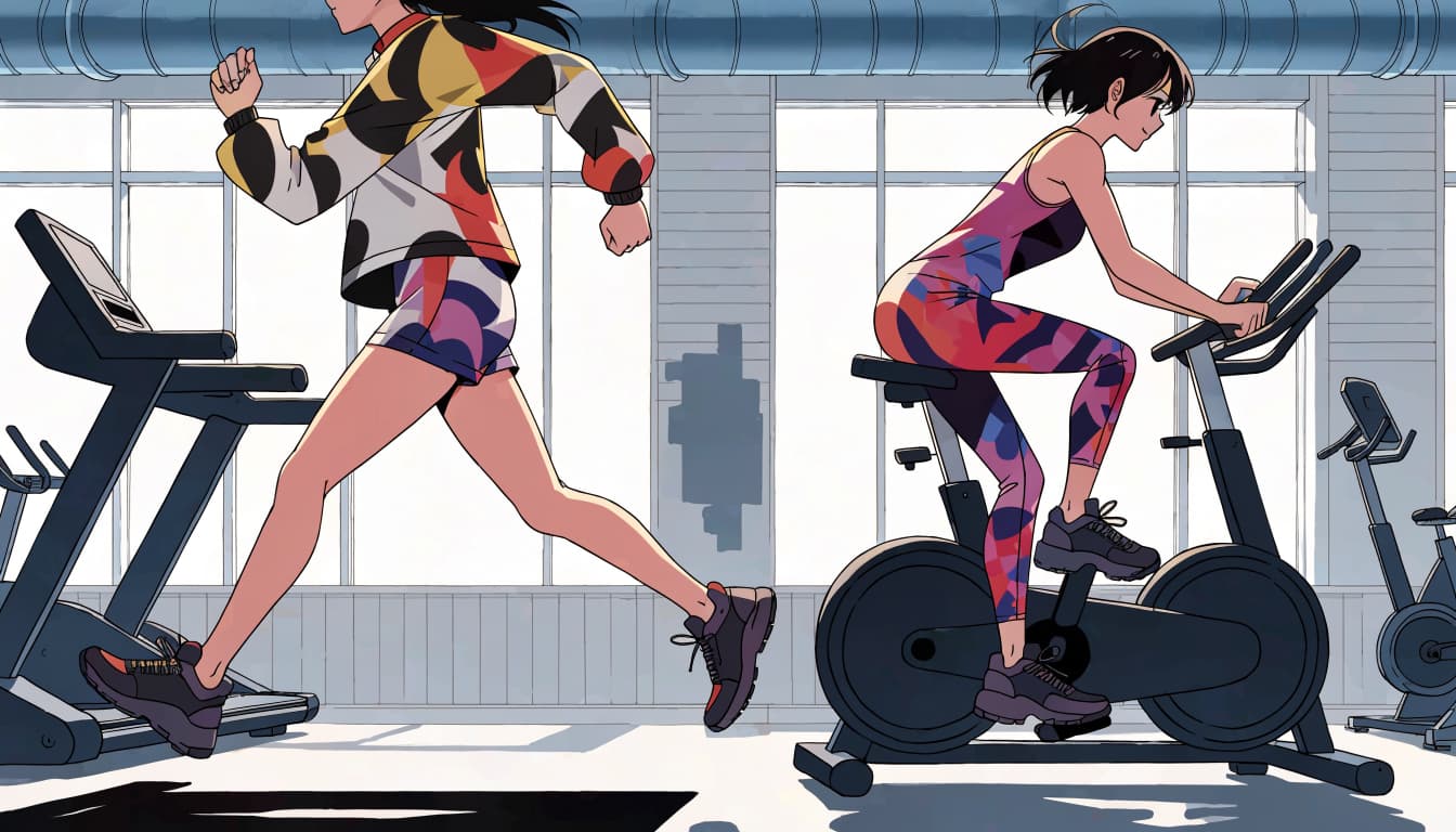 Two athletes work out on a treadmill and stationary bike in a bright studio.