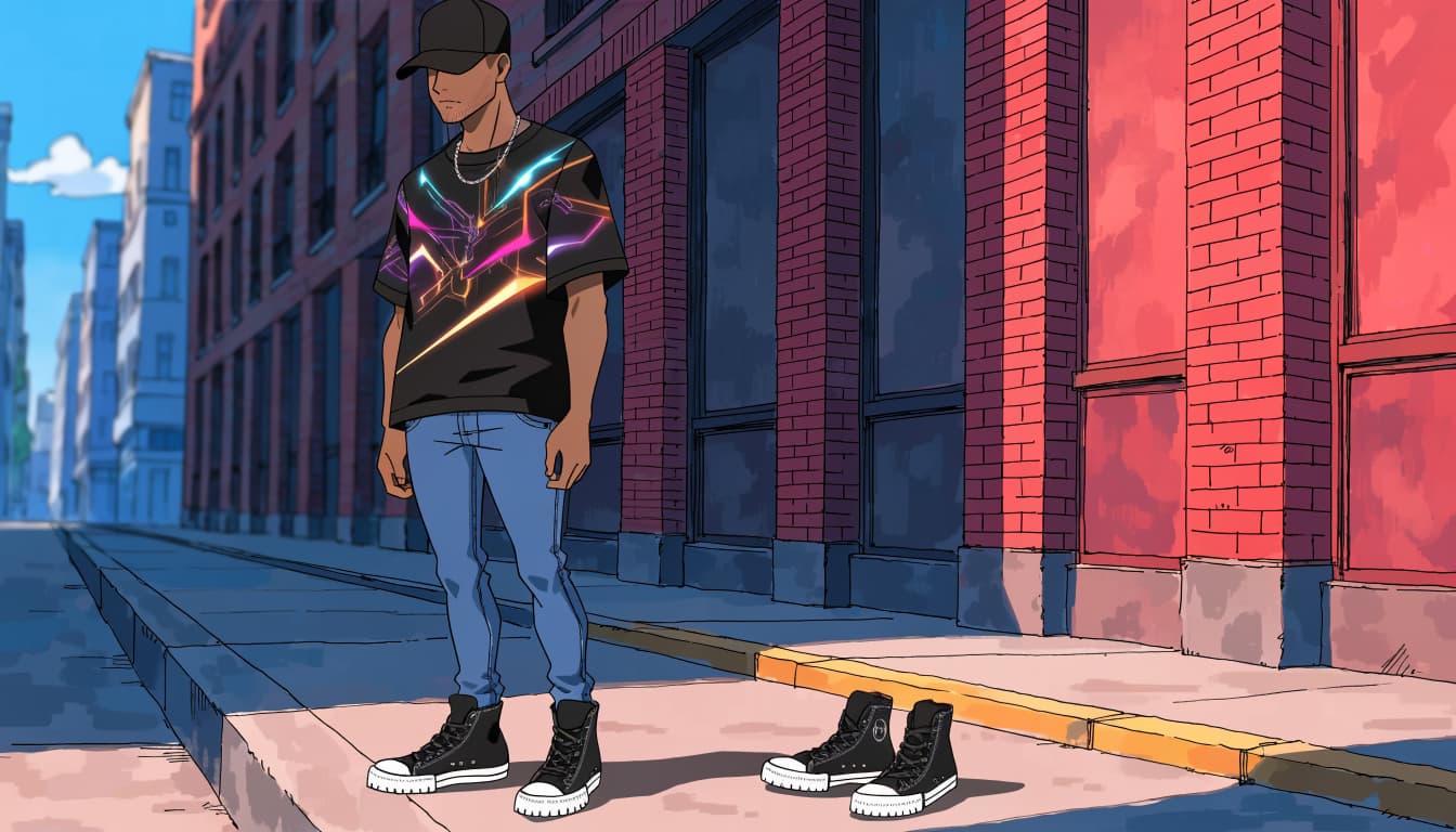 An anime-style illustration of a man standing on a city sidewalk next to a pair of sneakers.