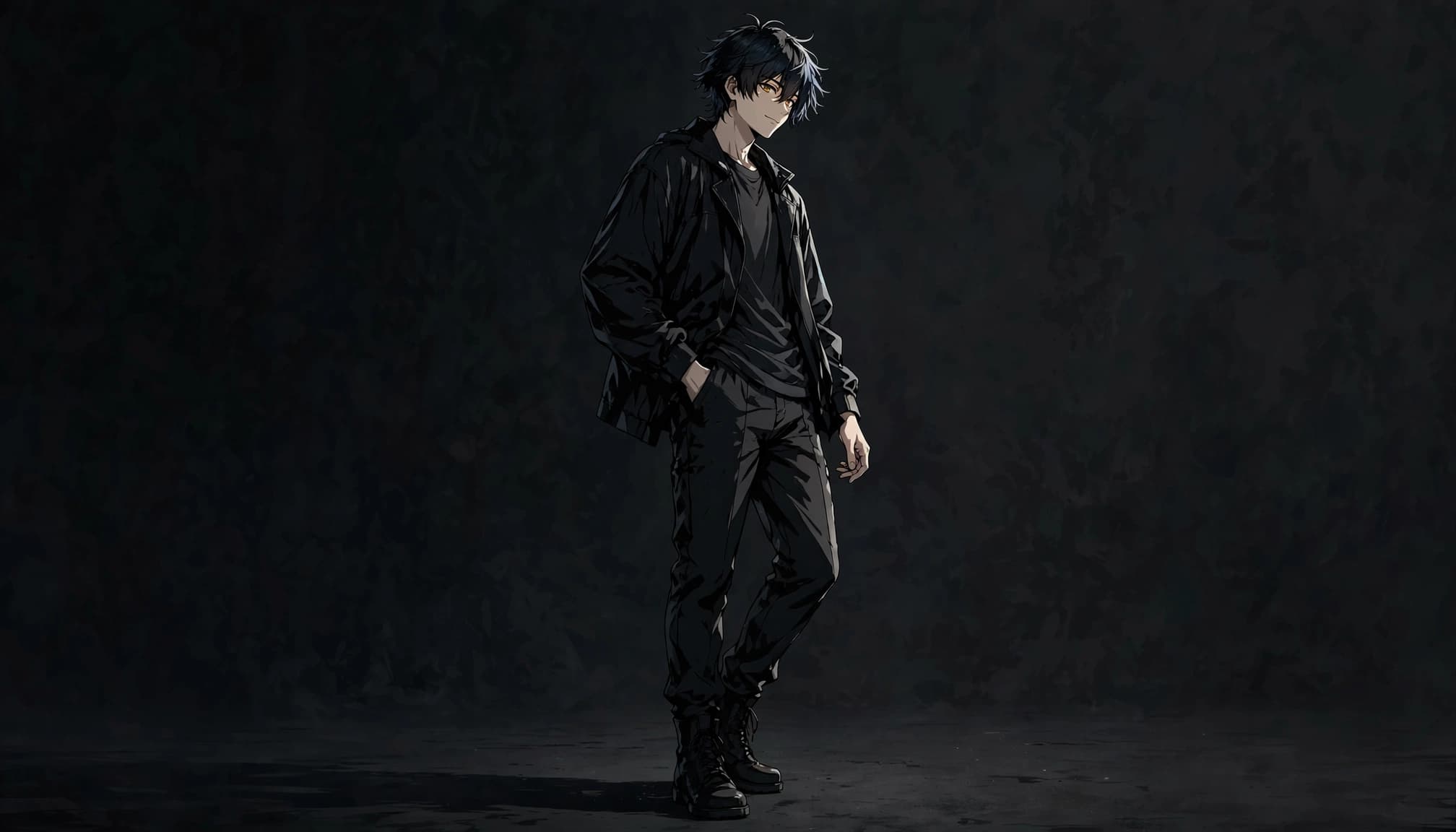 Stylized anime man standing confidently with one hand in his pocket.