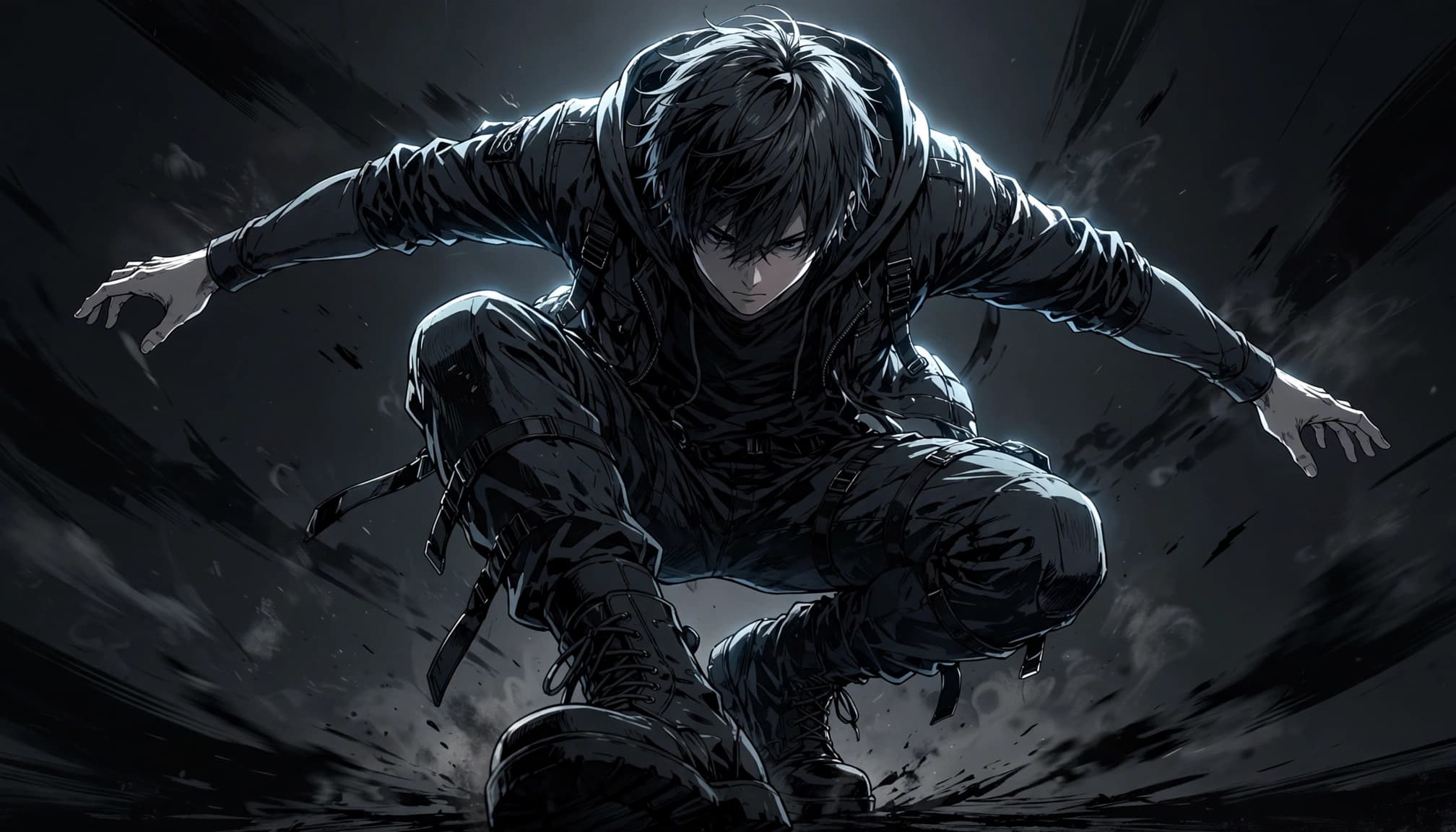 Anime man crouching with arms outstretched against a dark background.